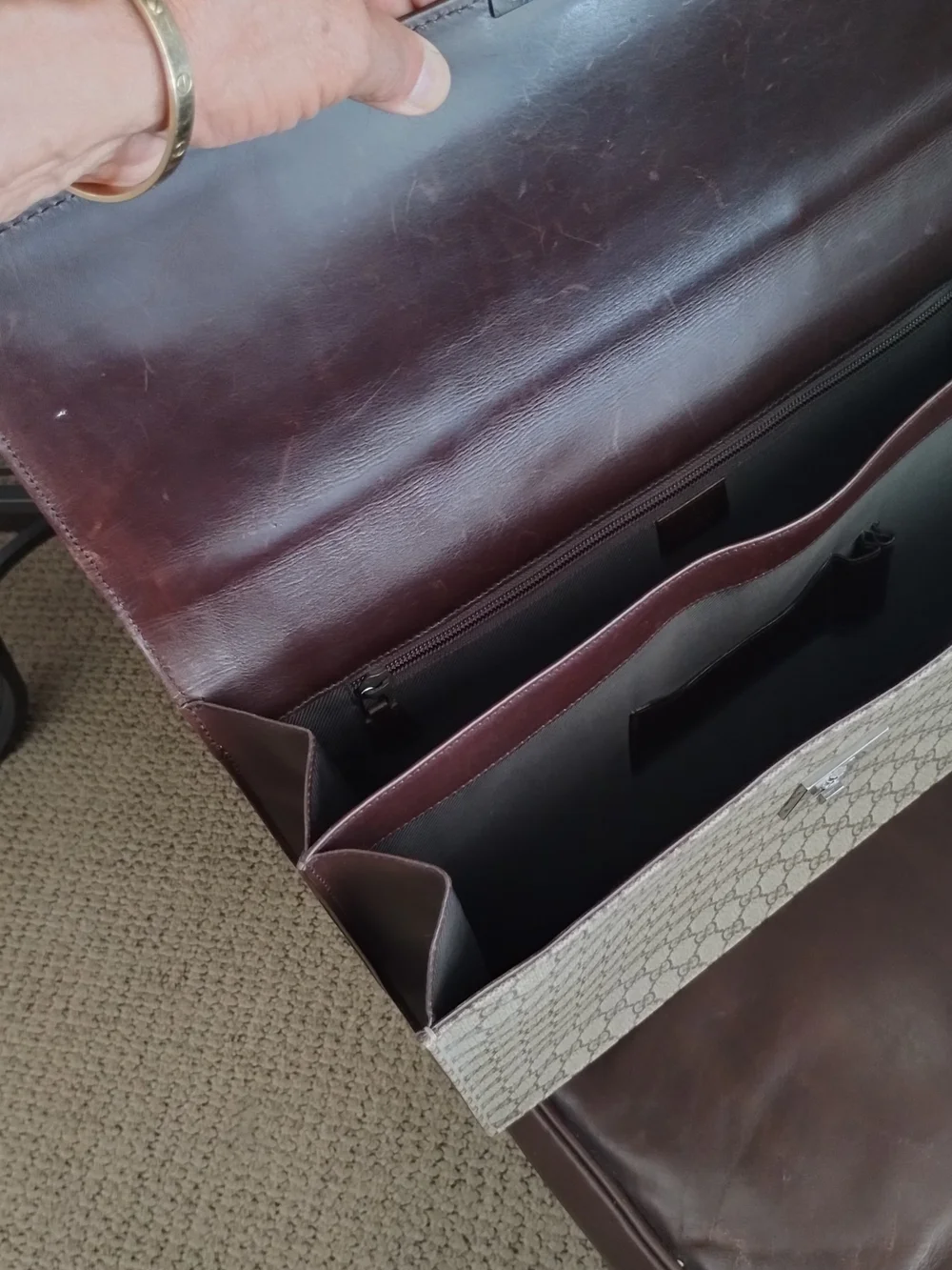 Gucci Brown Leather & Beige GG Monogram Briefcase